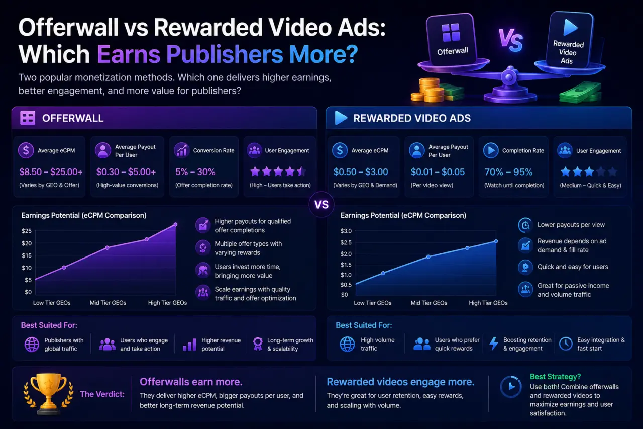 Offerwall vs Rewarded Video Ads: Which Earns Publishers More?
