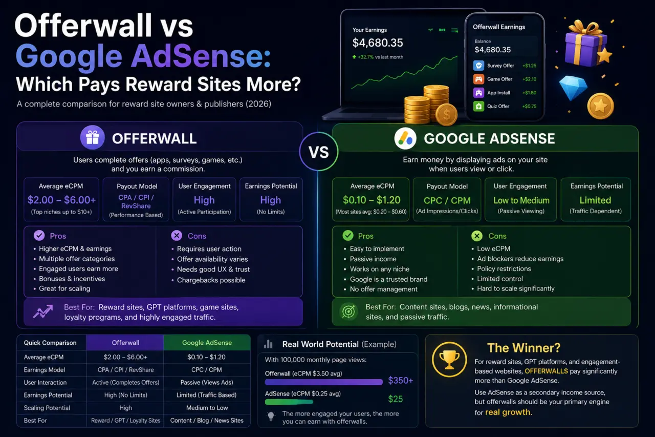 Offerwall vs Google AdSense: Which Pays Reward Sites More?